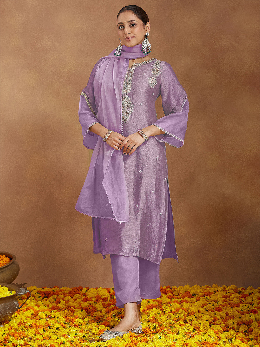 Naari By Shree Women's Lavender Silk Blend Zari Embroidered Straight Kurta Set