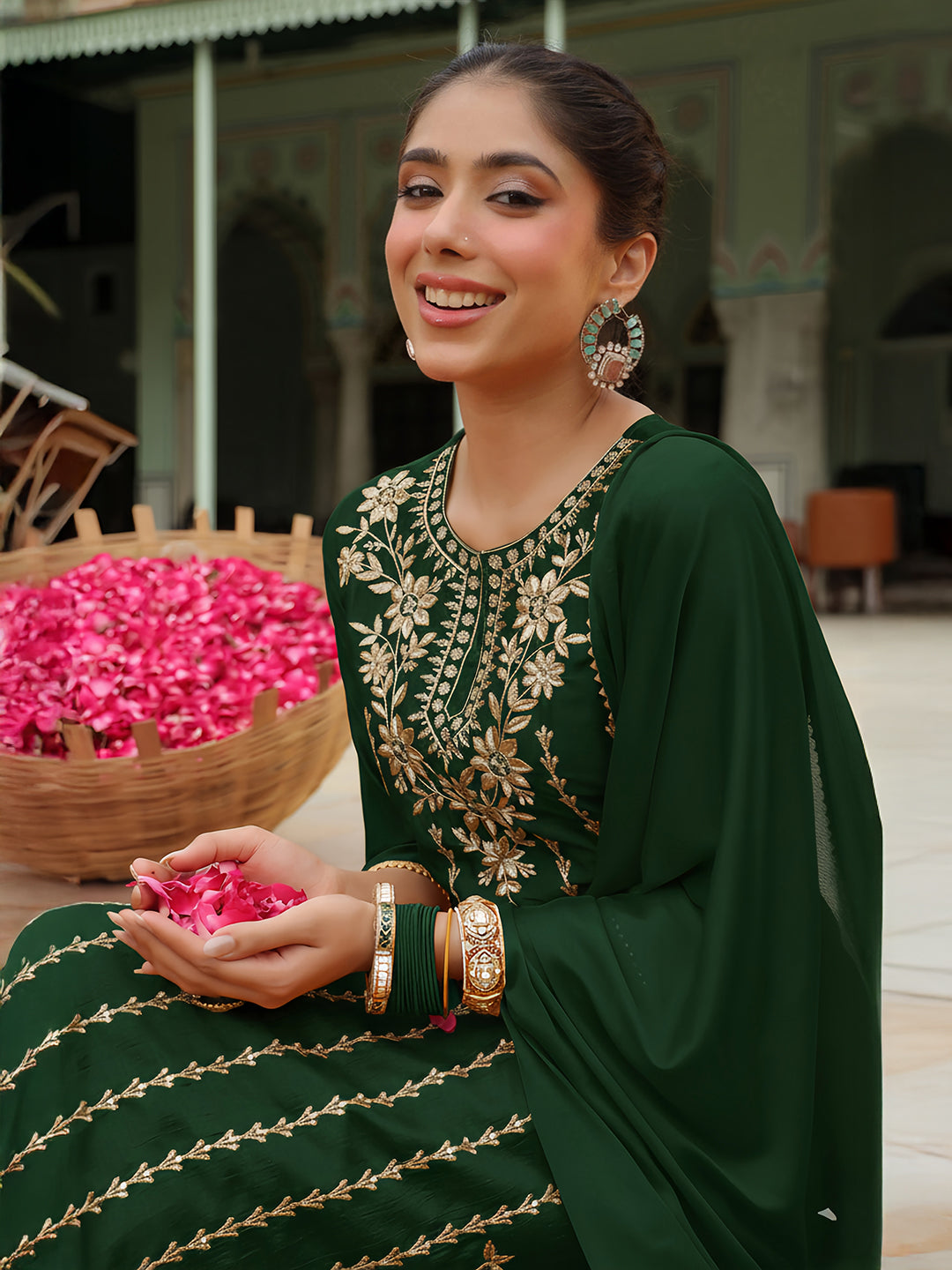 Naari By Shree Women's Bottle Green Silk Blend Zari Embroidered Straight Kurta Set