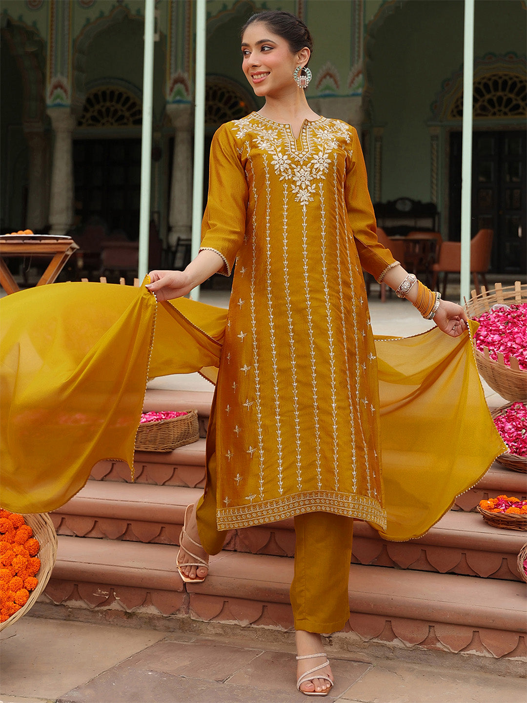 Naari By Shree Women's Mustard Silk Blend Embroidered Straight Kurta Set