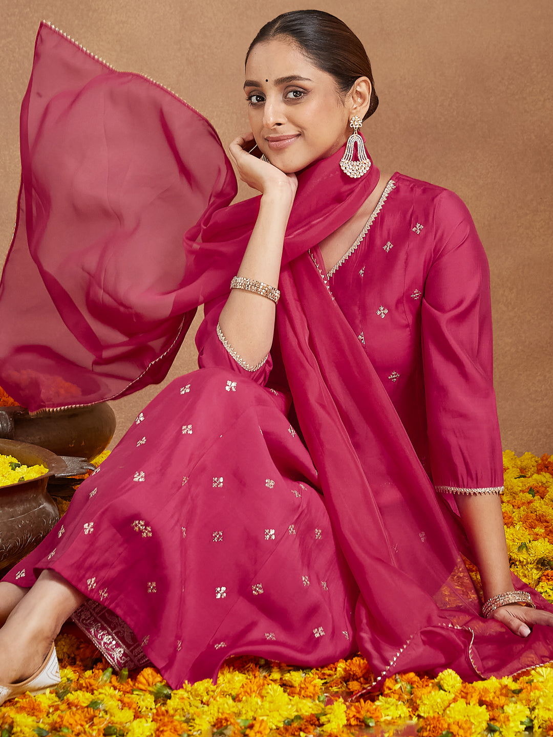 Naari By Shree Women's Pink Chanderi Silk Embellished Zari Embroidered A-line Kurta Set