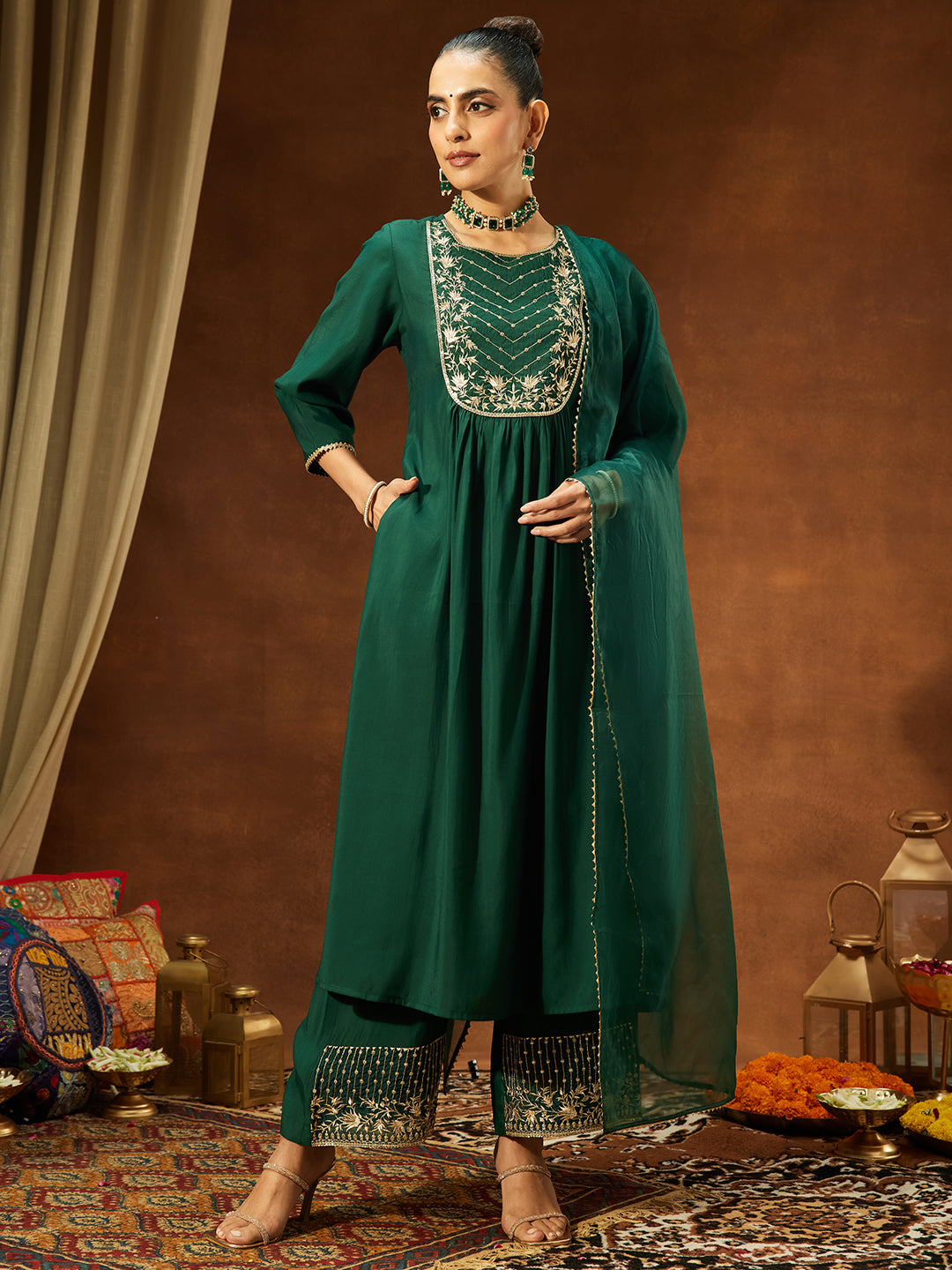Naari By Shree Women's Bottle Green Chanderi Silk Embroidered A-line Kurta Set