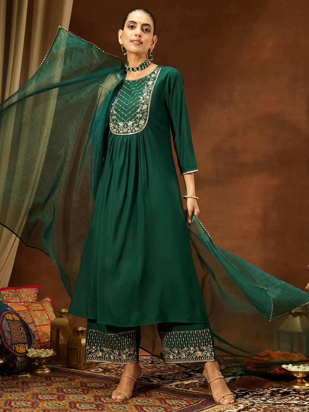 Naari By Shree Women's Bottle Green Chanderi Silk Embroidered A-line Kurta Set