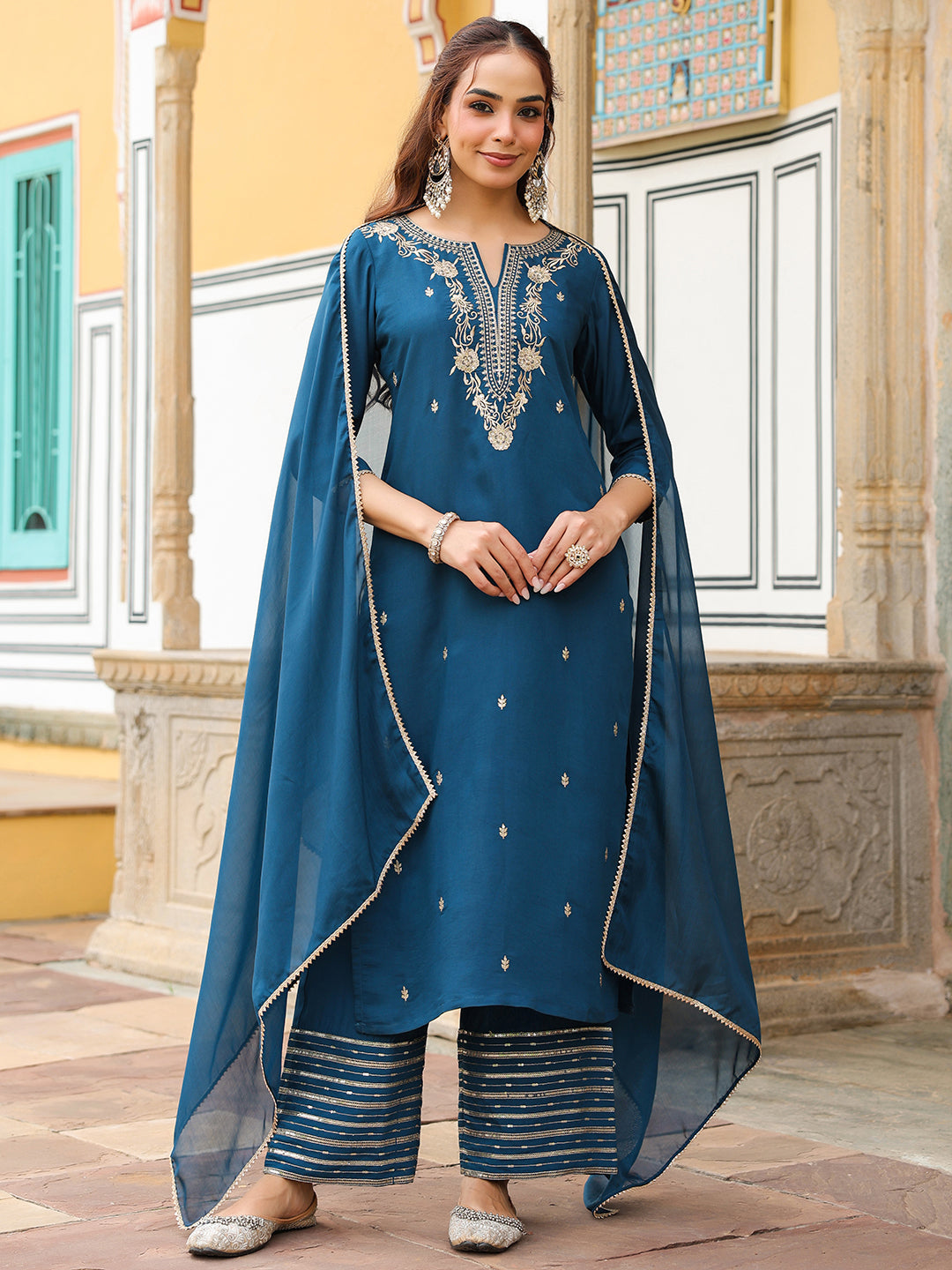 Naari By Shree Women's Teal Blue Chanderi Silk Zari Embroidered Straight Kurta With Palazzo & Dupatta Set