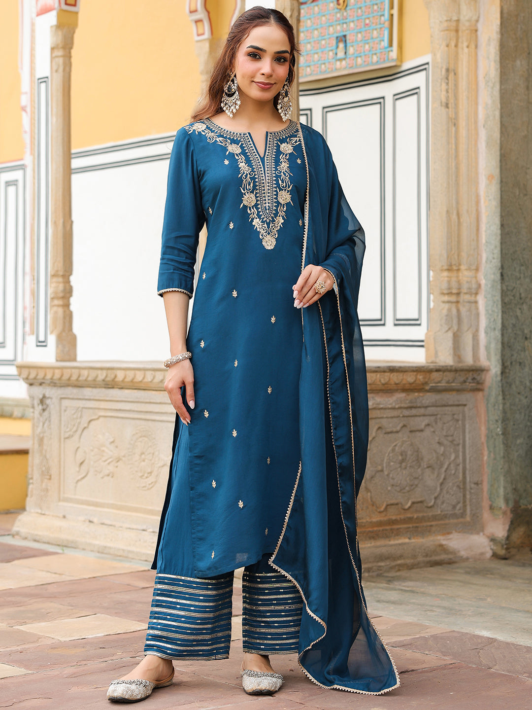 Naari By Shree Women's Teal Blue Chanderi Silk Zari Embroidered Straight Kurta With Palazzo & Dupatta Set