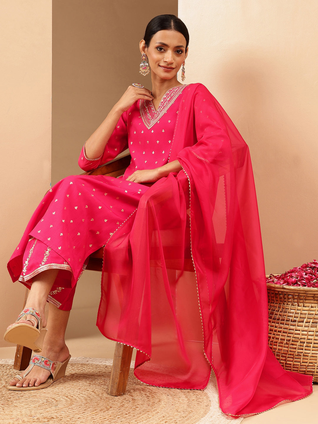 Naari By Shree Women's Pink Chanderi Silk Gold Zari Embroidered Straight Kurta With Palazzo & Dupatta Set