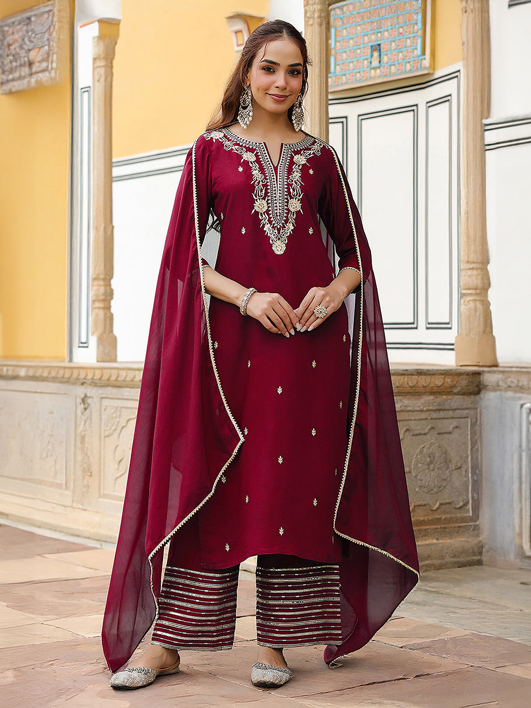 Naari By Shree Women's Maroon Chanderi Silk Zari Embroidered Straight Kurta With Palazzo & Dupatta Set