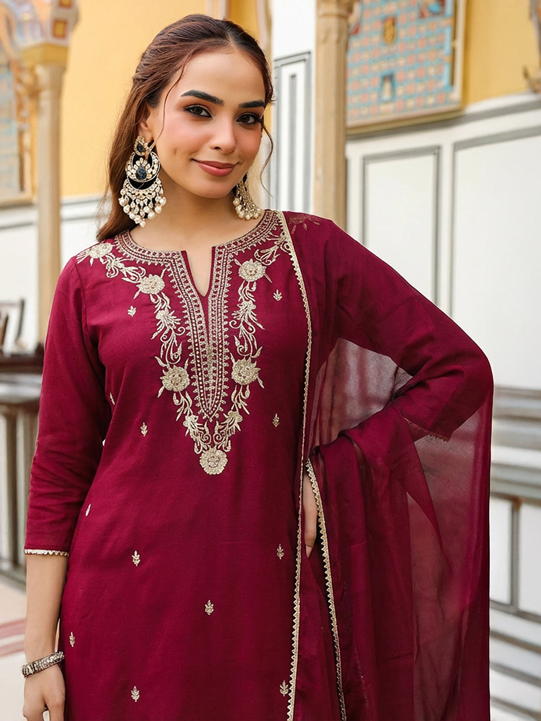 Naari By Shree Women's Maroon Chanderi Silk Zari Embroidered Straight Kurta With Palazzo & Dupatta Set