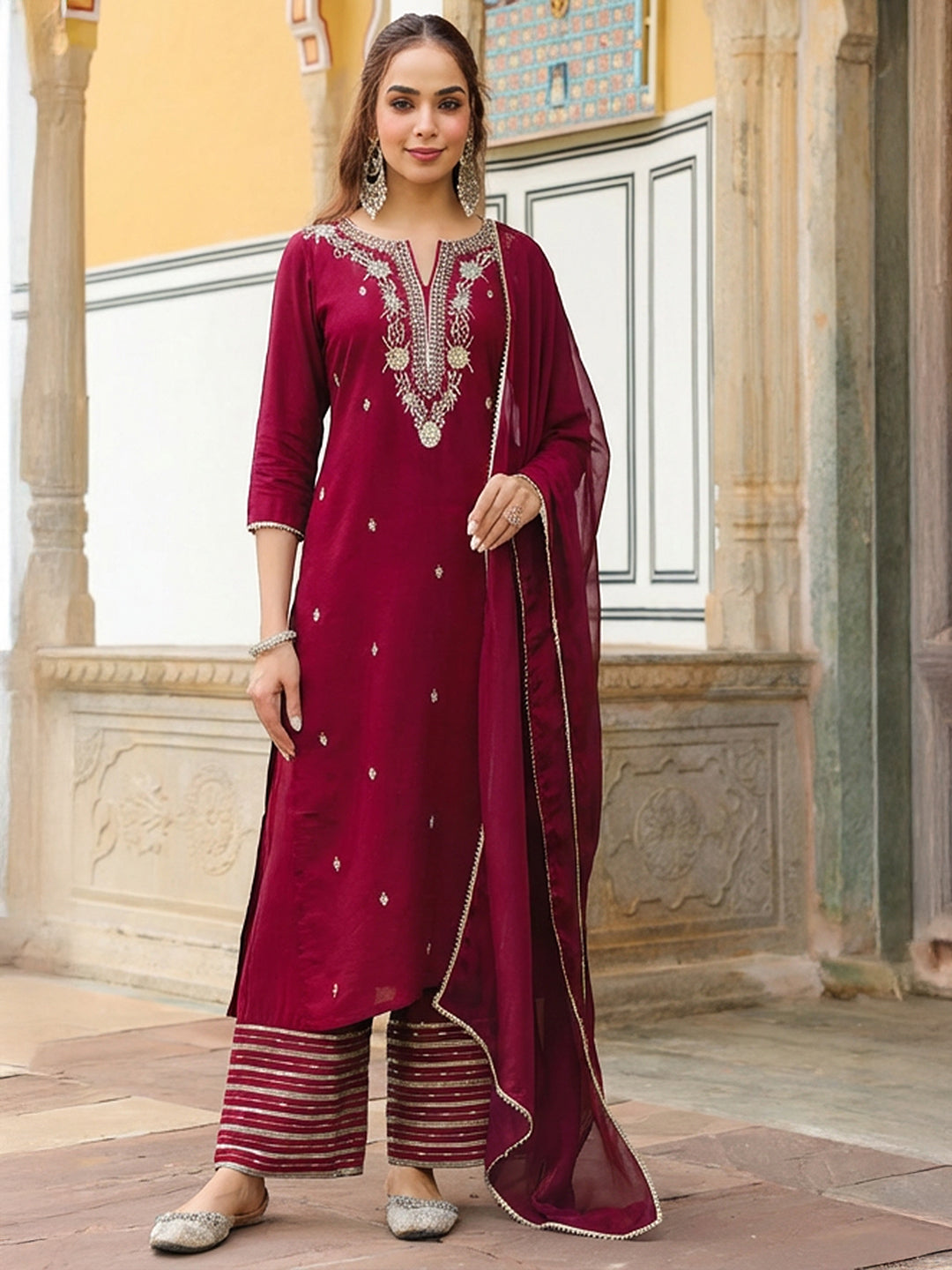 Naari By Shree Women's Maroon Chanderi Silk Zari Embroidered Straight Kurta With Palazzo & Dupatta Set