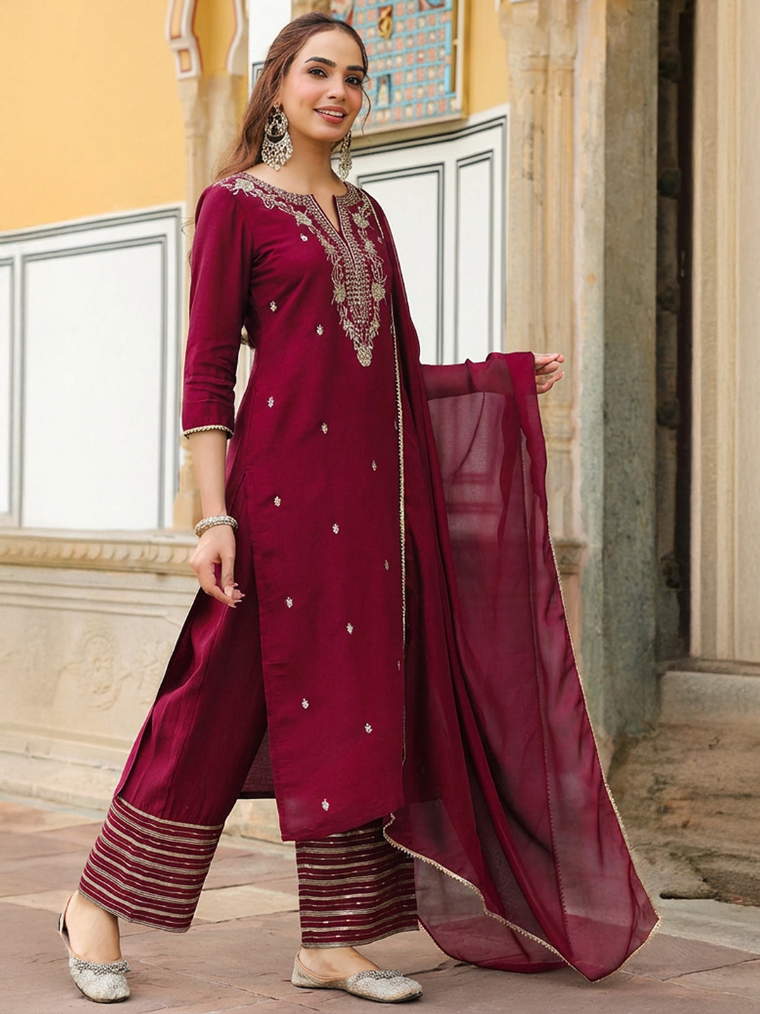 Naari By Shree Women's Maroon Chanderi Silk Zari Embroidered Straight Kurta With Palazzo & Dupatta Set