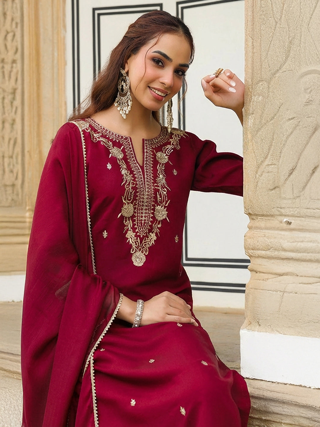 Naari By Shree Women's Maroon Chanderi Silk Zari Embroidered Straight Kurta With Palazzo & Dupatta Set