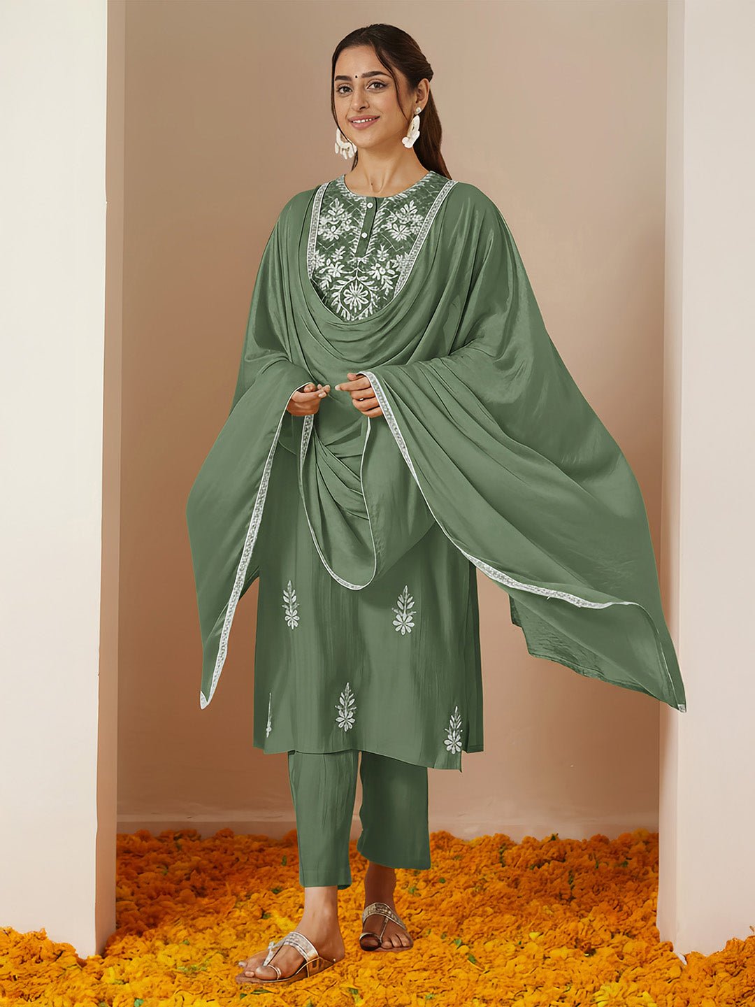 Naari By Shree Women's Sage Green Silk Blend Embroidered Straight Kurta Set