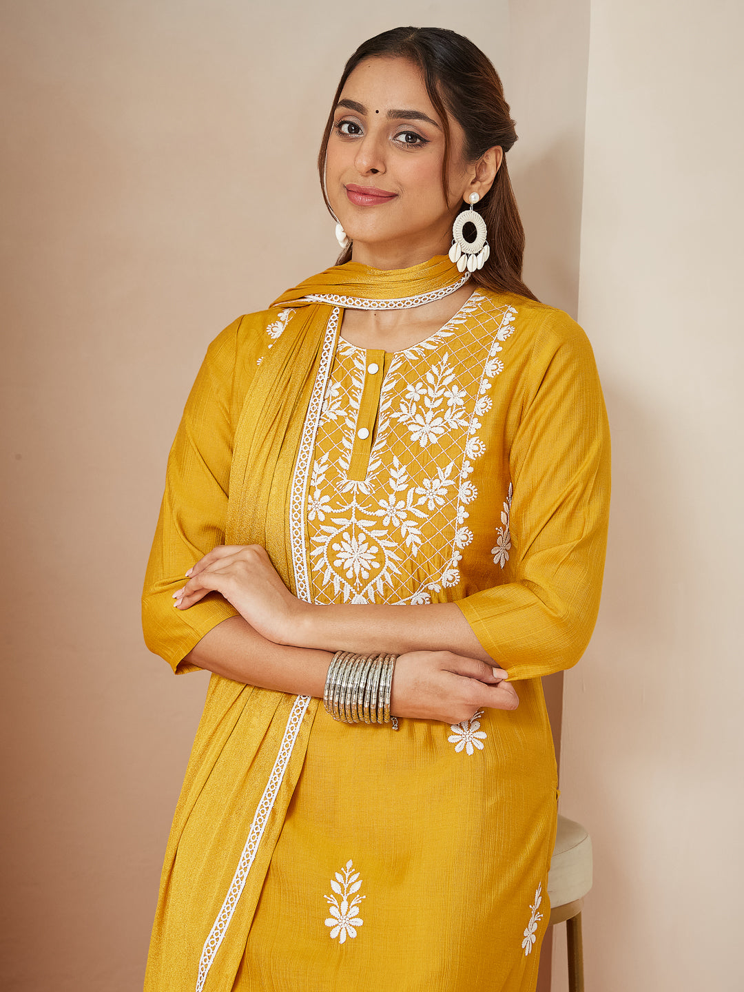 Naari By Shree Women's Mustard Silk Blend Embroidered Straight Kurta Set