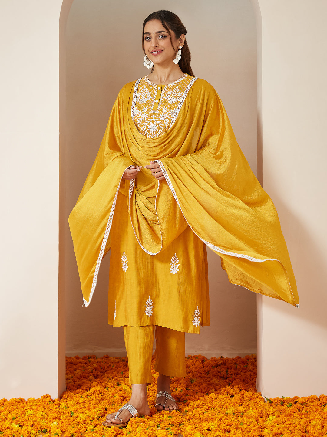 Naari By Shree Women's Mustard Silk Blend Embroidered Straight Kurta Set
