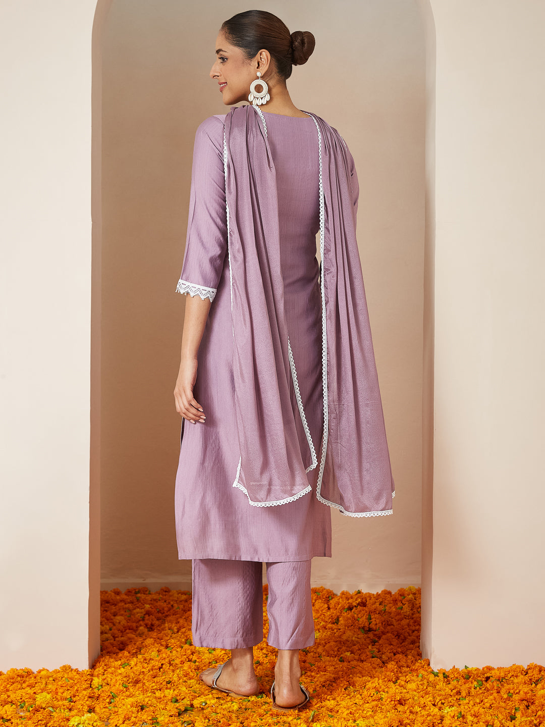 Naari By Shree Women's Lavender Silk Blend Embroidered Straight Kurta Set