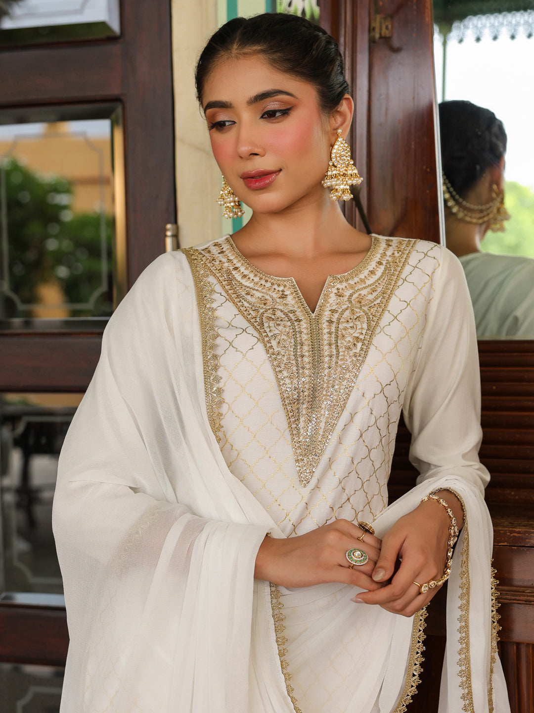 Naari By Shree Women's Off White Chanderi Silk Gold Zari Yoke Embroidered Straight Kurta Set