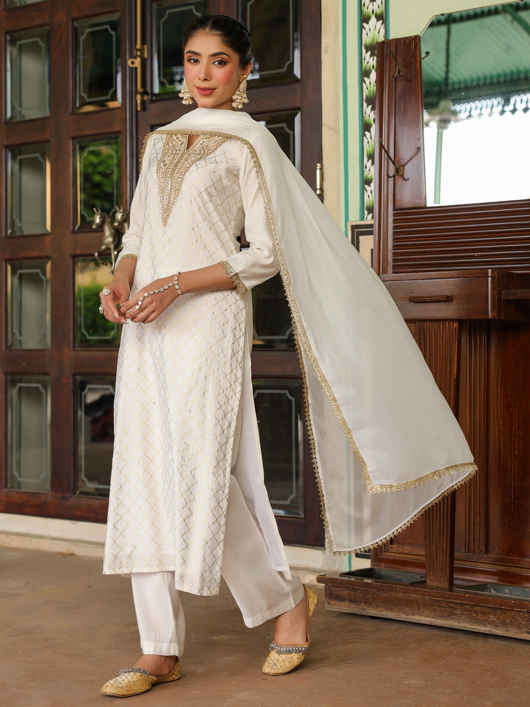 Naari By Shree Women's Off White Chanderi Silk Gold Zari Yoke Embroidered Straight Kurta Set