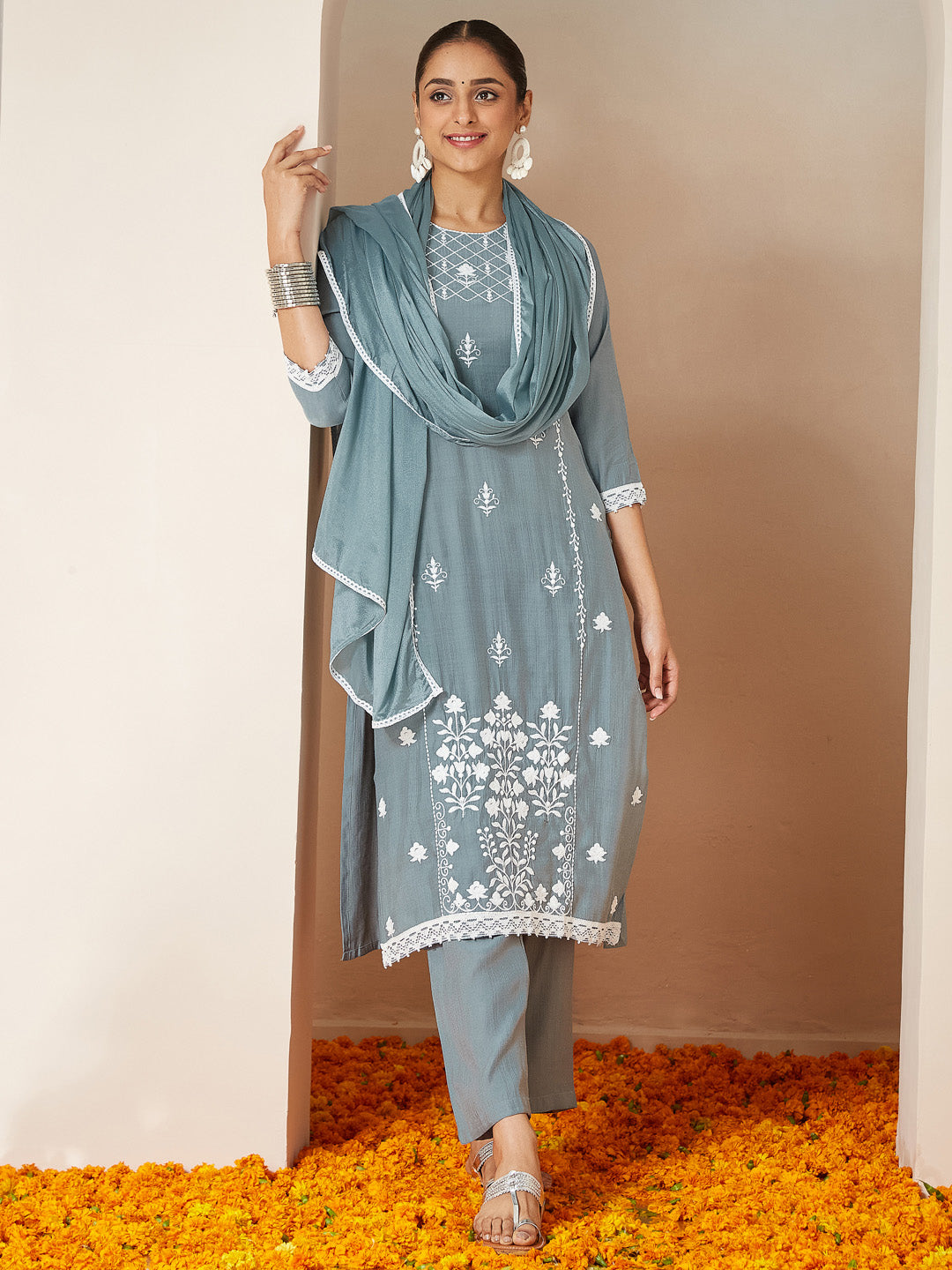 Naari By Shree Women's Powder Blue Silk Blend Embroidered Straight Kurta Set