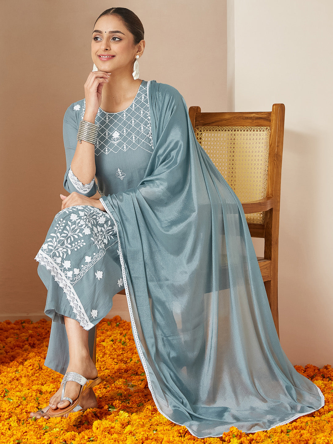 Naari By Shree Women's Powder Blue Silk Blend Embroidered Straight Kurta Set
