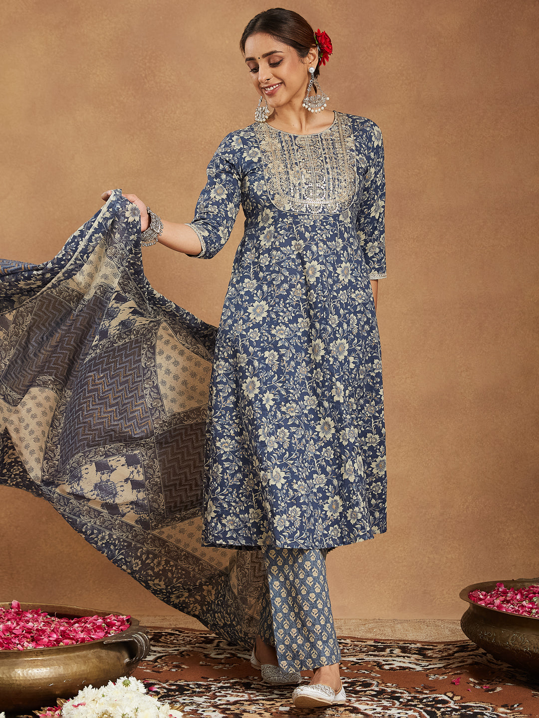 Naari By Shree Women's Blue Pure Cotton Floral Printed Anarkali Kurta Set