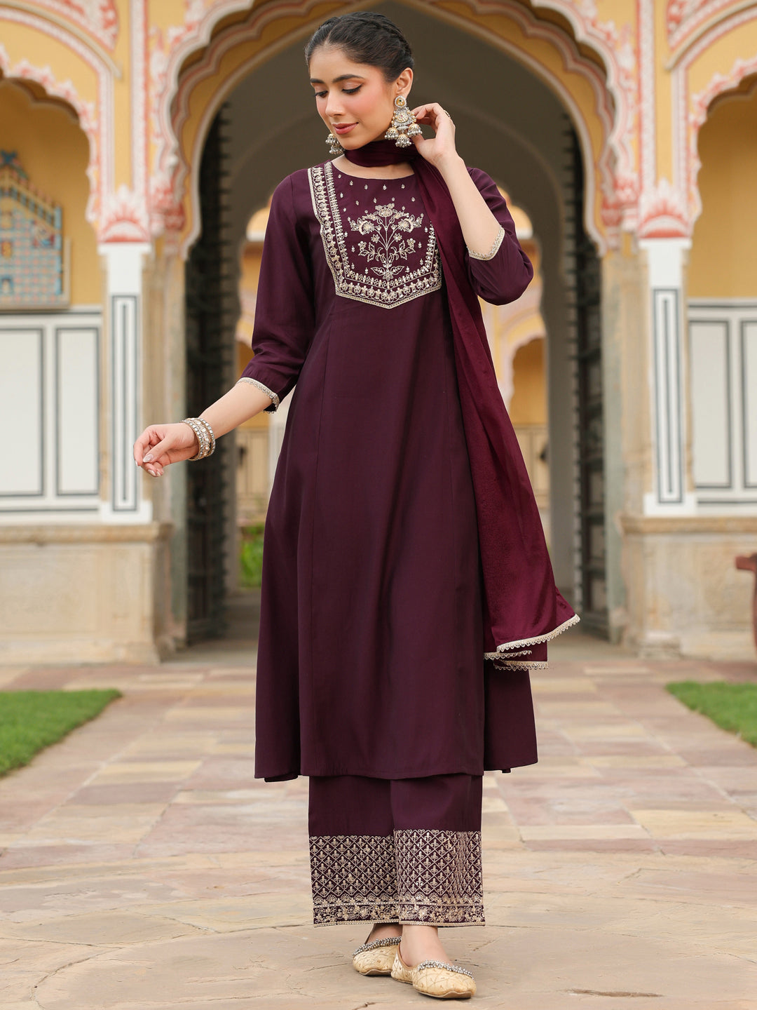 Naari By Shree Women's Wine Chanderi Silk Zari Embroidered A-line Kurta With Palazzo & Dupatta Set