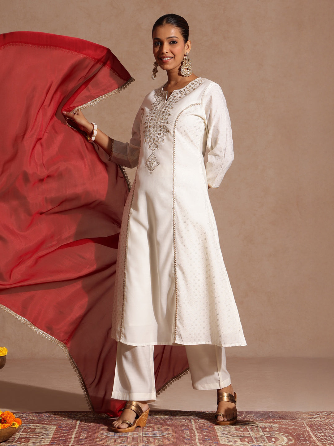 Naari By Shree Women's Off White Chanderi Silk Zari Embroidered Gold Printed A-line Kurta Set