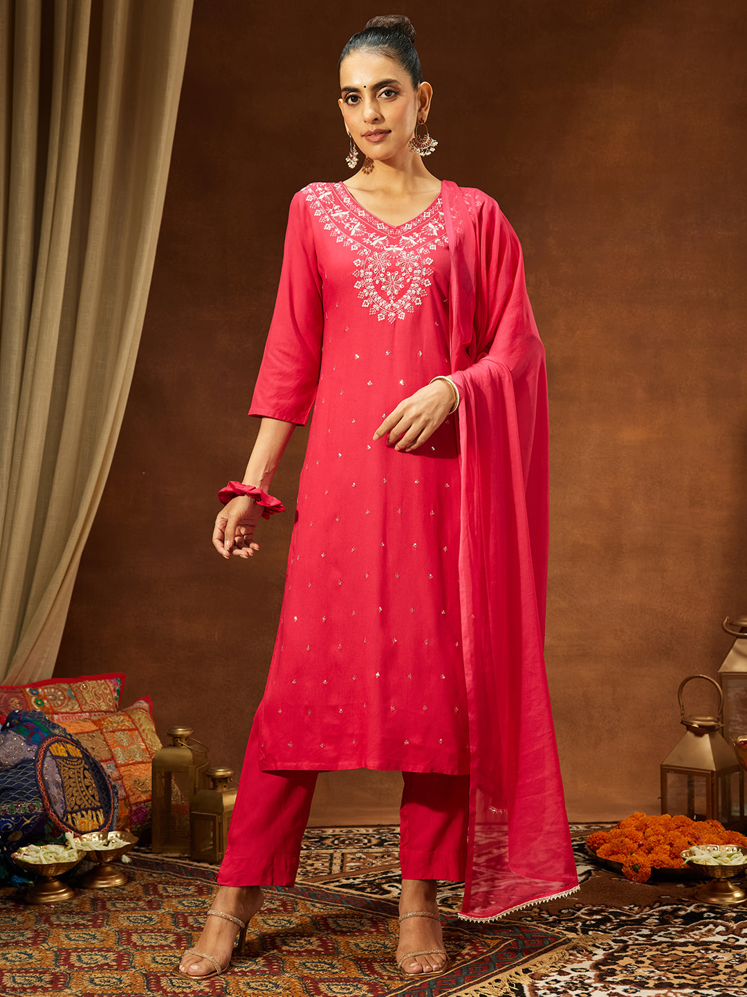 Naari By Shree Women's Pink Rayon Embroidered Straight Kurta Set