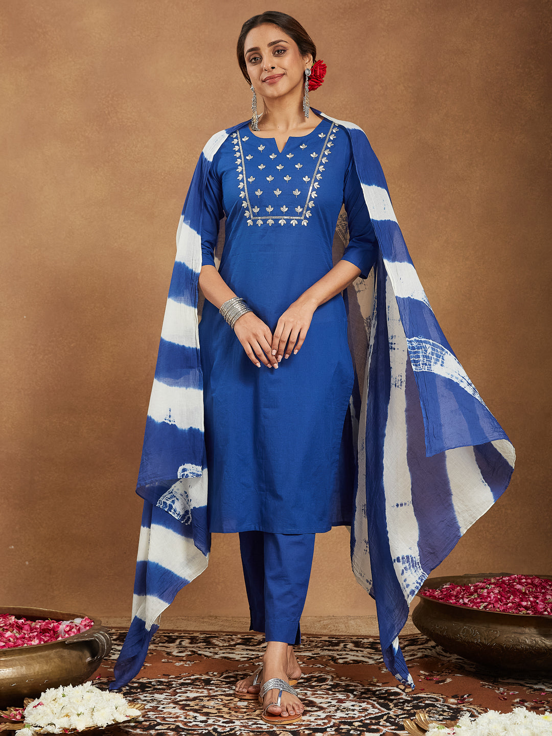 Naari By Shree Women's Blue Pure Cotton Yoke Embroidered Straight Kurta Set