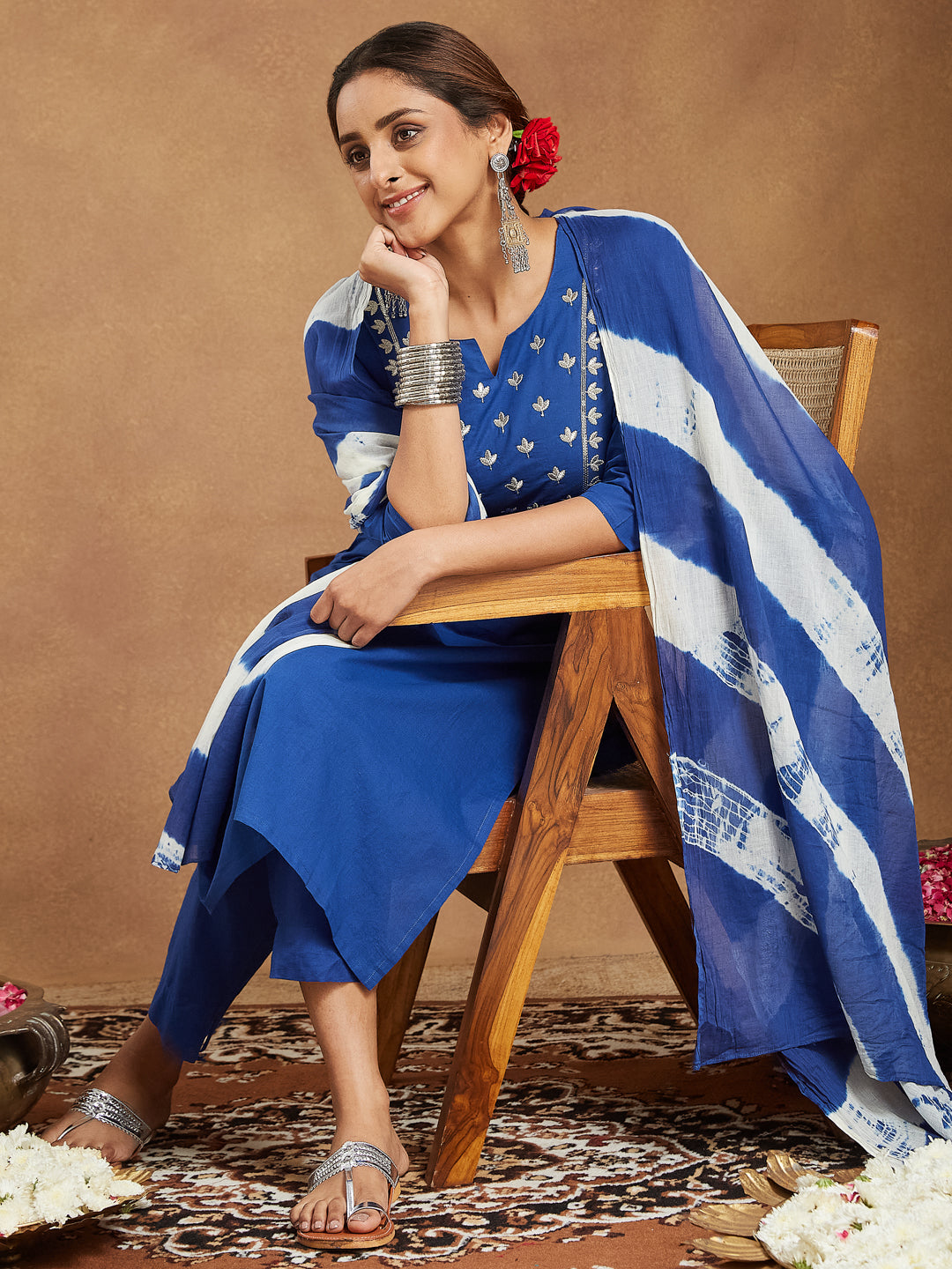Naari By Shree Women's Blue Pure Cotton Yoke Embroidered Straight Kurta Set