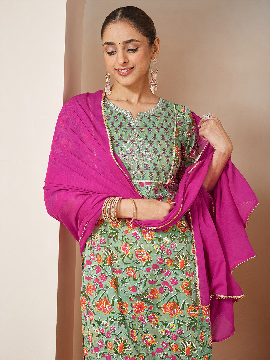 Naari By Shree Women's Mint Green Pure Cotton Yoke Embroidered Floral Printed Straight Kurta Set