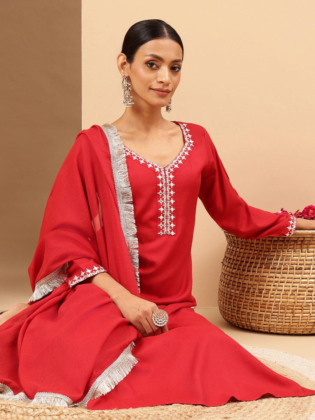 Naari By Shree Women's Maroon Rayon Yoke Embroidered Straight Kurta Set