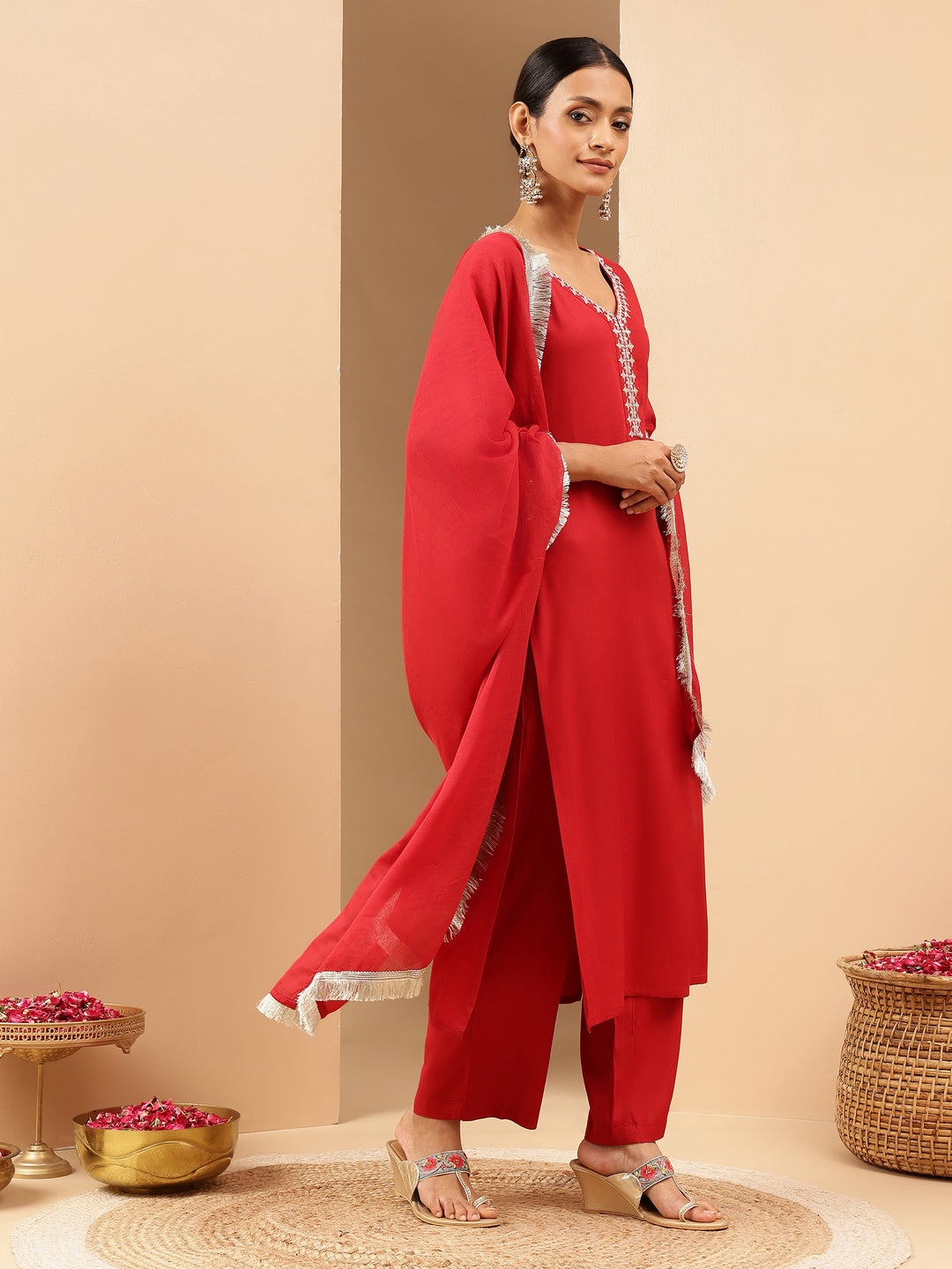 Naari By Shree Women's Maroon Rayon Yoke Embroidered Straight Kurta Set