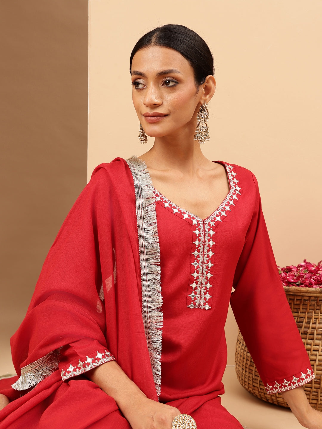 Naari By Shree Women's Maroon Rayon Yoke Embroidered Straight Kurta Set