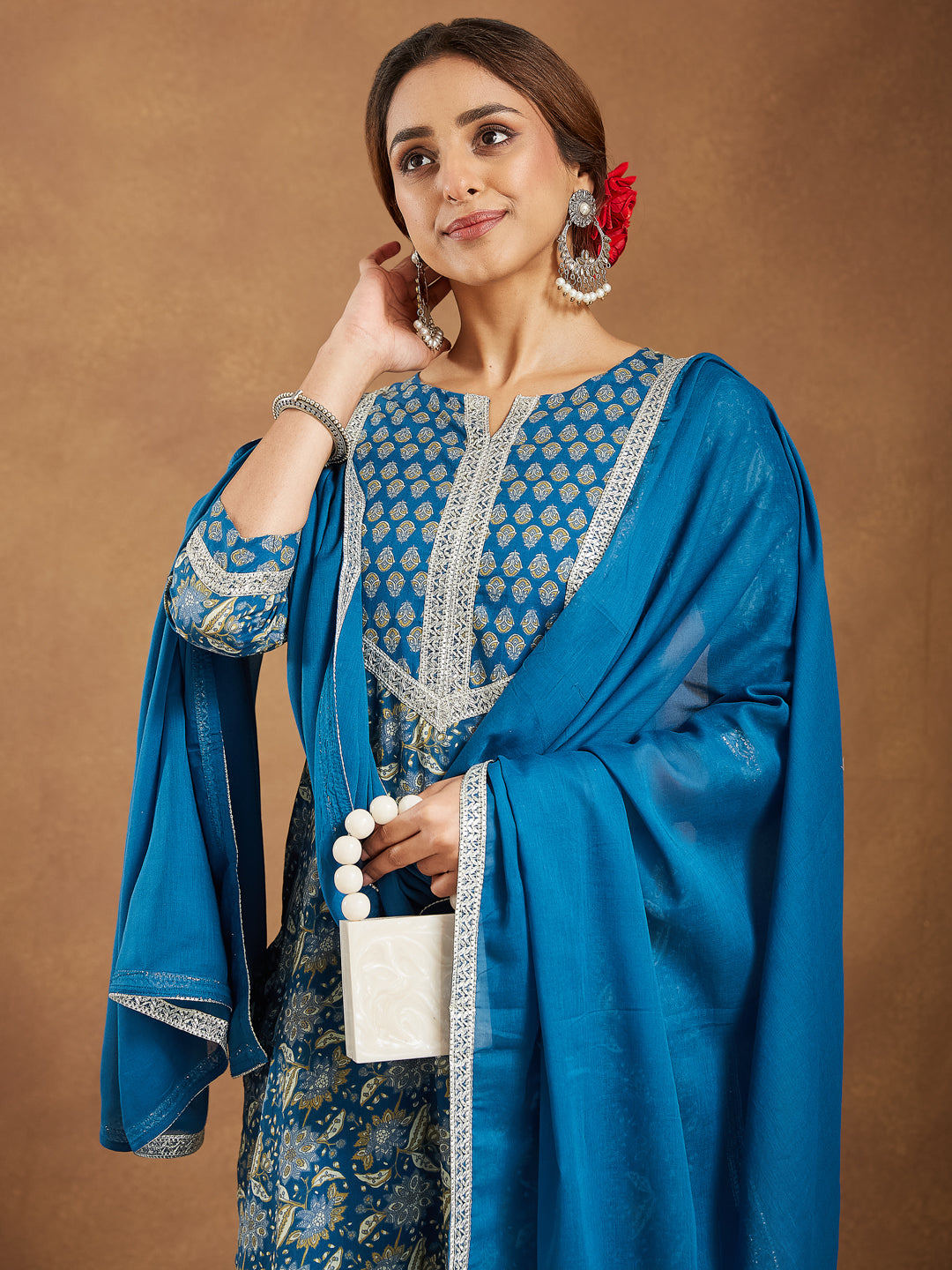 Naari By Shree Women's Teal Blue Pure Cotton Yoke Design Floral Printed Straight Kurta Set