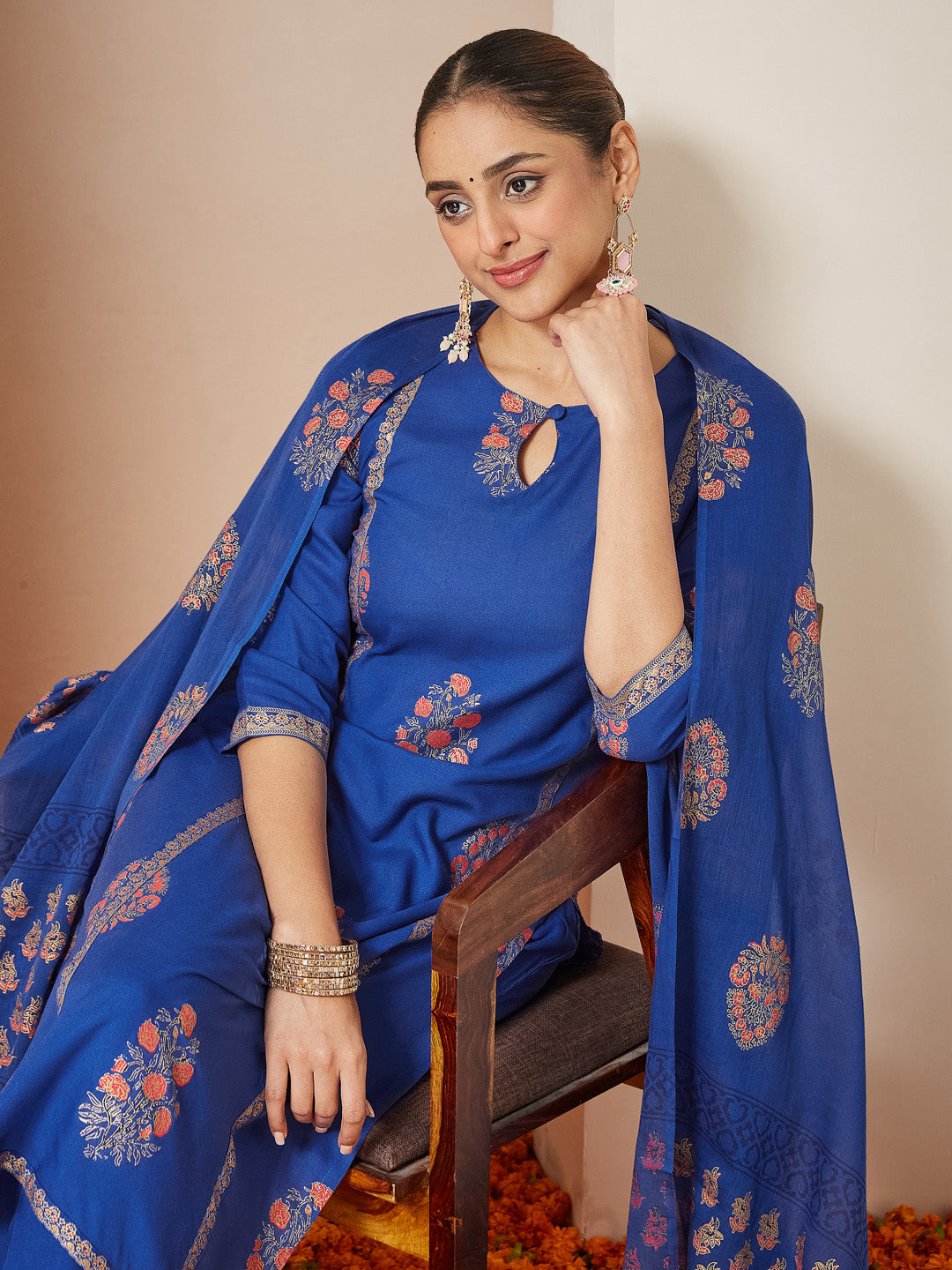 Naari By Shree Women's Royal Blue Rayon Gold Floral Printed Straight Kurta Set