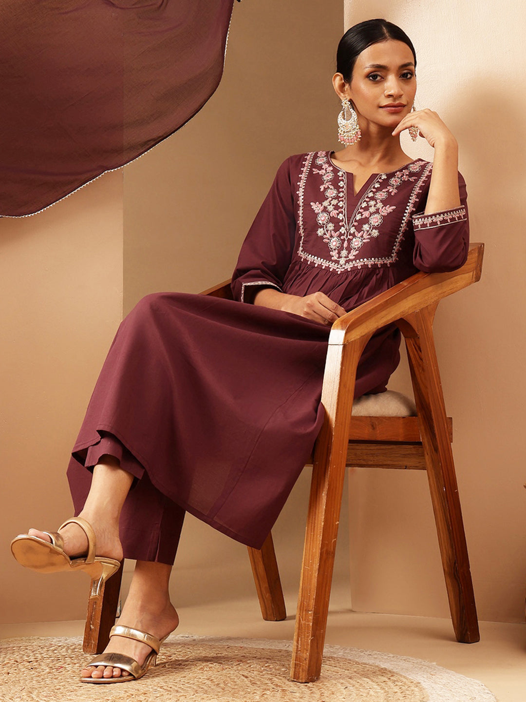 Naari By Shree Women's Bungundy Pure Cotton Yoke Embroidered A-line Kurta Set