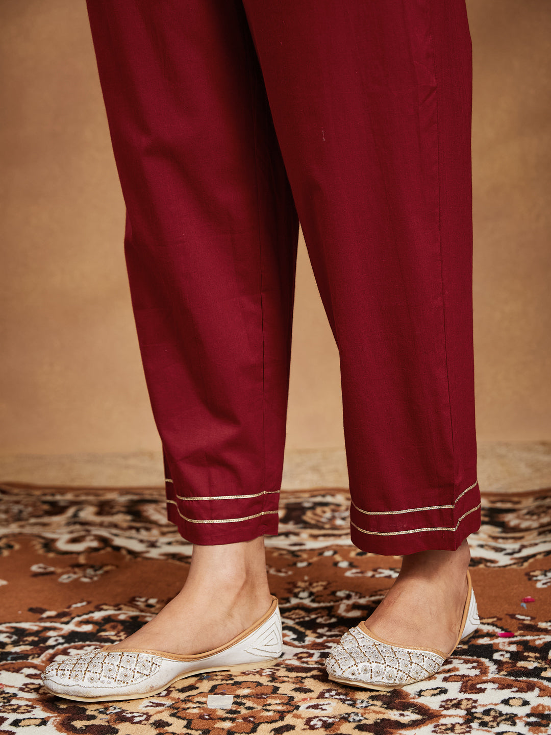 Naari By Shree Women's Maroon Pure Cotton Ethnic Motifs Printed Straight Kurta Set