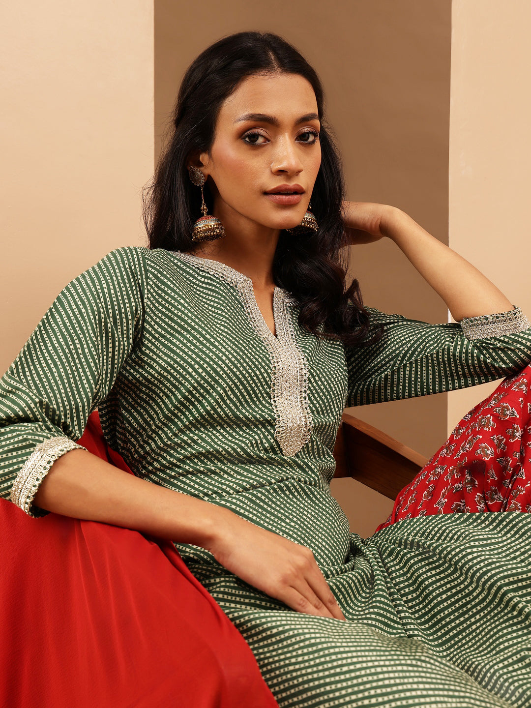 Naari By Shree Women's Green & Maroon Pure Cotton Printed Straight Kurta Set