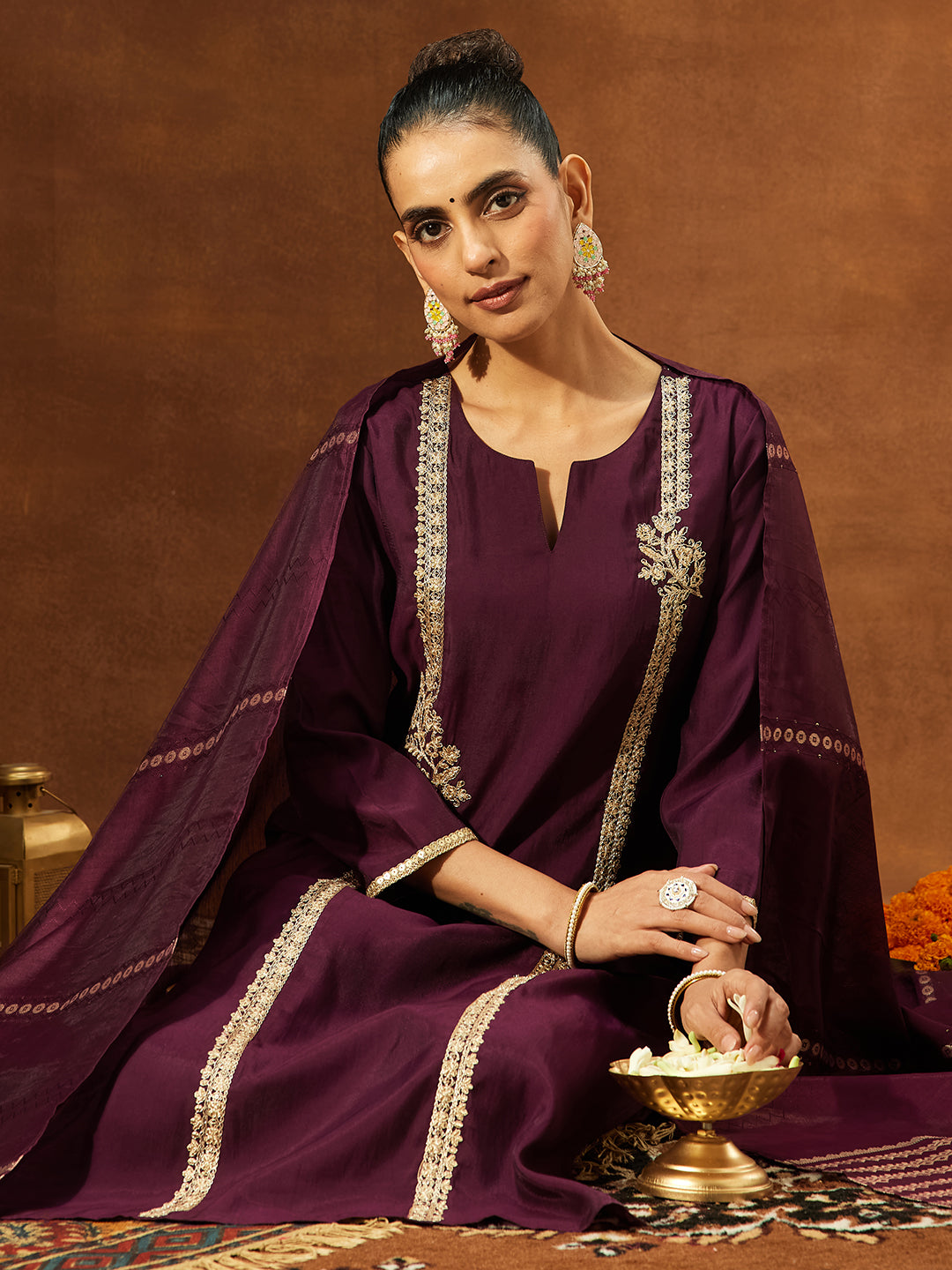 Naari By Shree Women's Wine Chanderi Silk Embroidered Straight Kurta Set