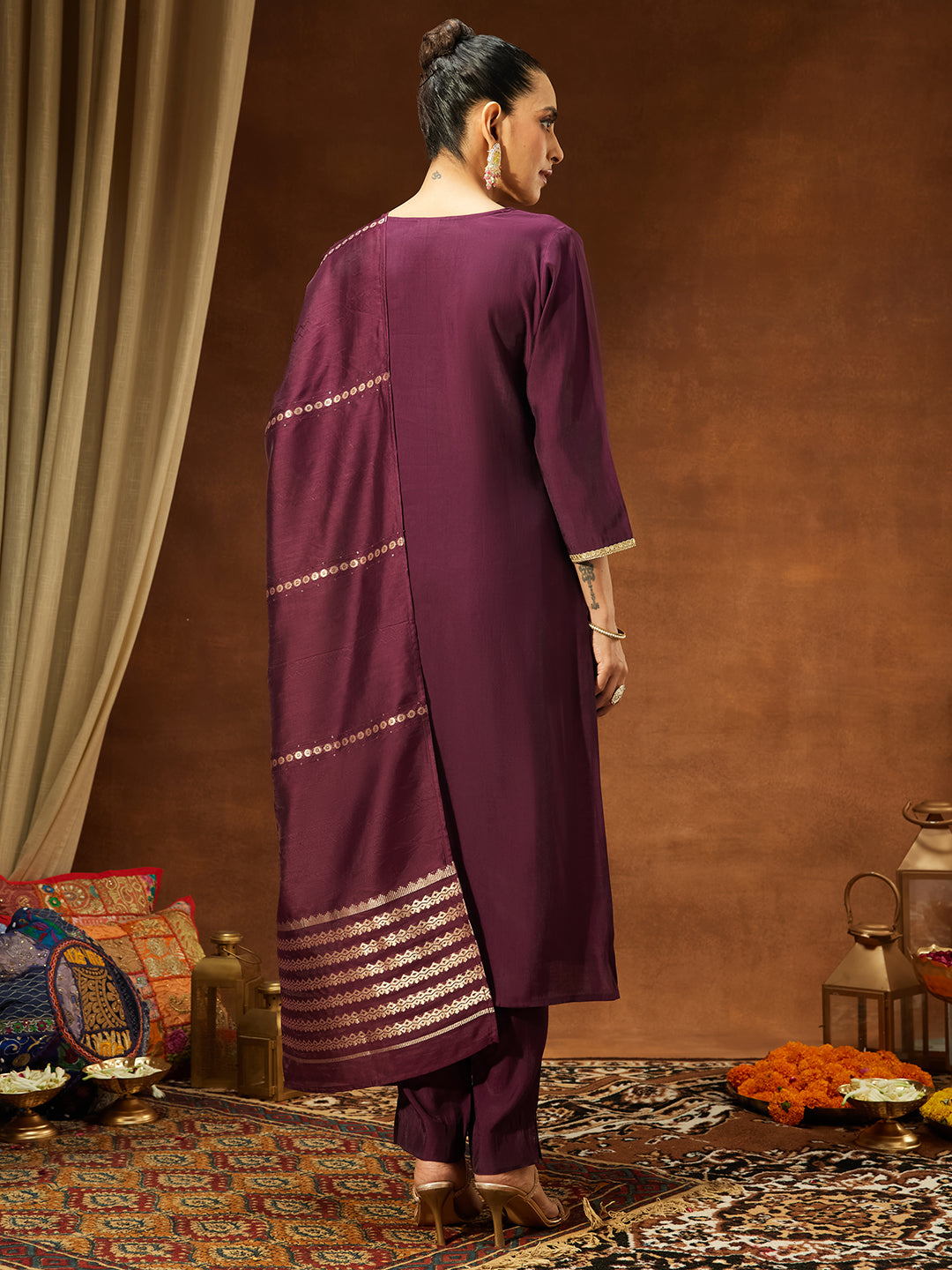 Naari By Shree Women's Wine Chanderi Silk Embroidered Straight Kurta Set