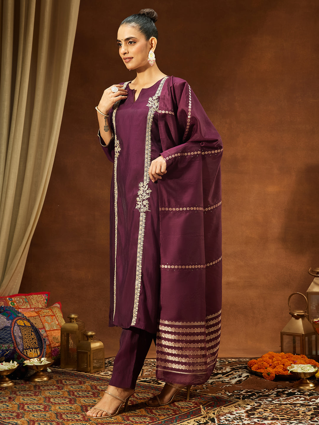 Naari By Shree Women's Wine Chanderi Silk Embroidered Straight Kurta Set