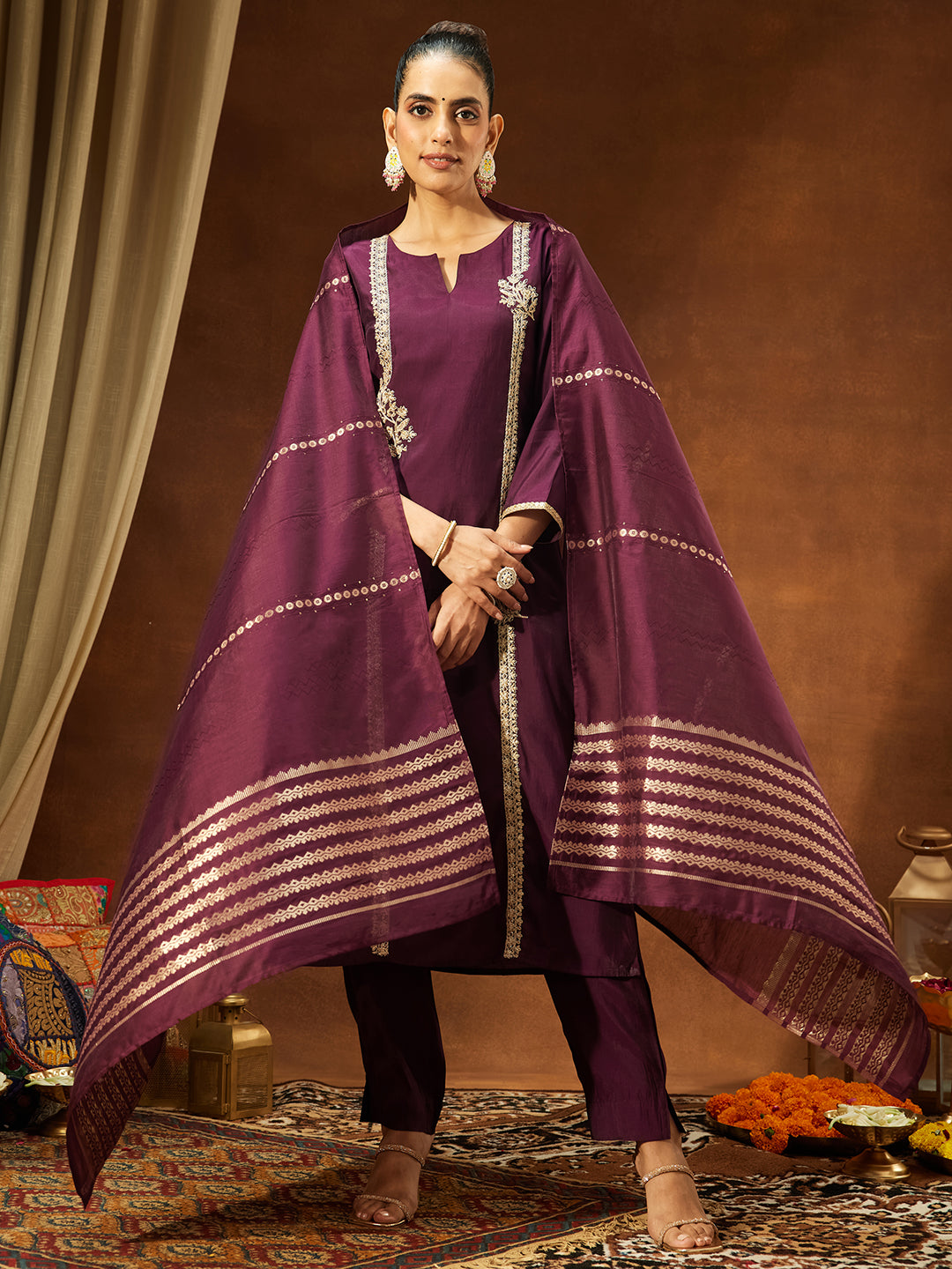 Naari By Shree Women's Wine Chanderi Silk Embroidered Straight Kurta Set