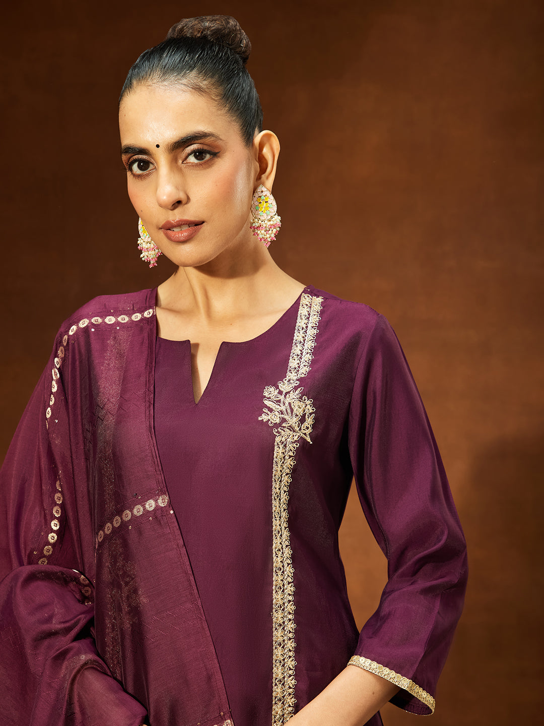 Naari By Shree Women's Wine Chanderi Silk Embroidered Straight Kurta Set