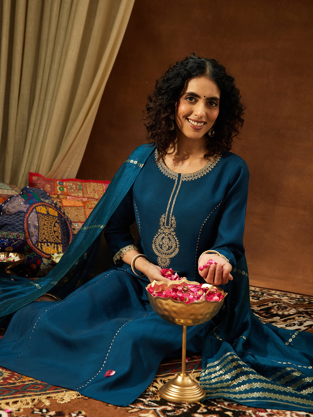 Naari By Shree Women's Teal Chanderi Yoke Embroidery Straight Kurta Set