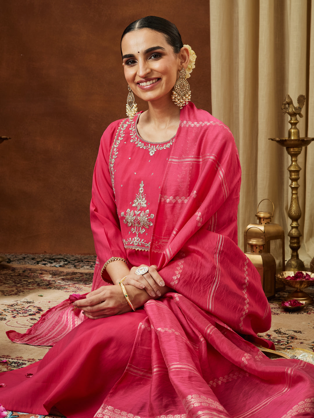 Naari By Shree Women's Pink Chanderi Silk Zari Yoke Embroidered Straight Kurta Set