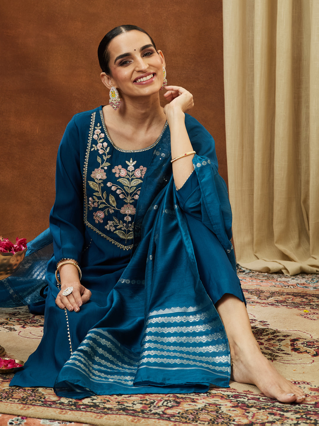 Naari By Shree Women's Teal Blue Chanderi Silk Yoke Embroidered Straight Kurta Set