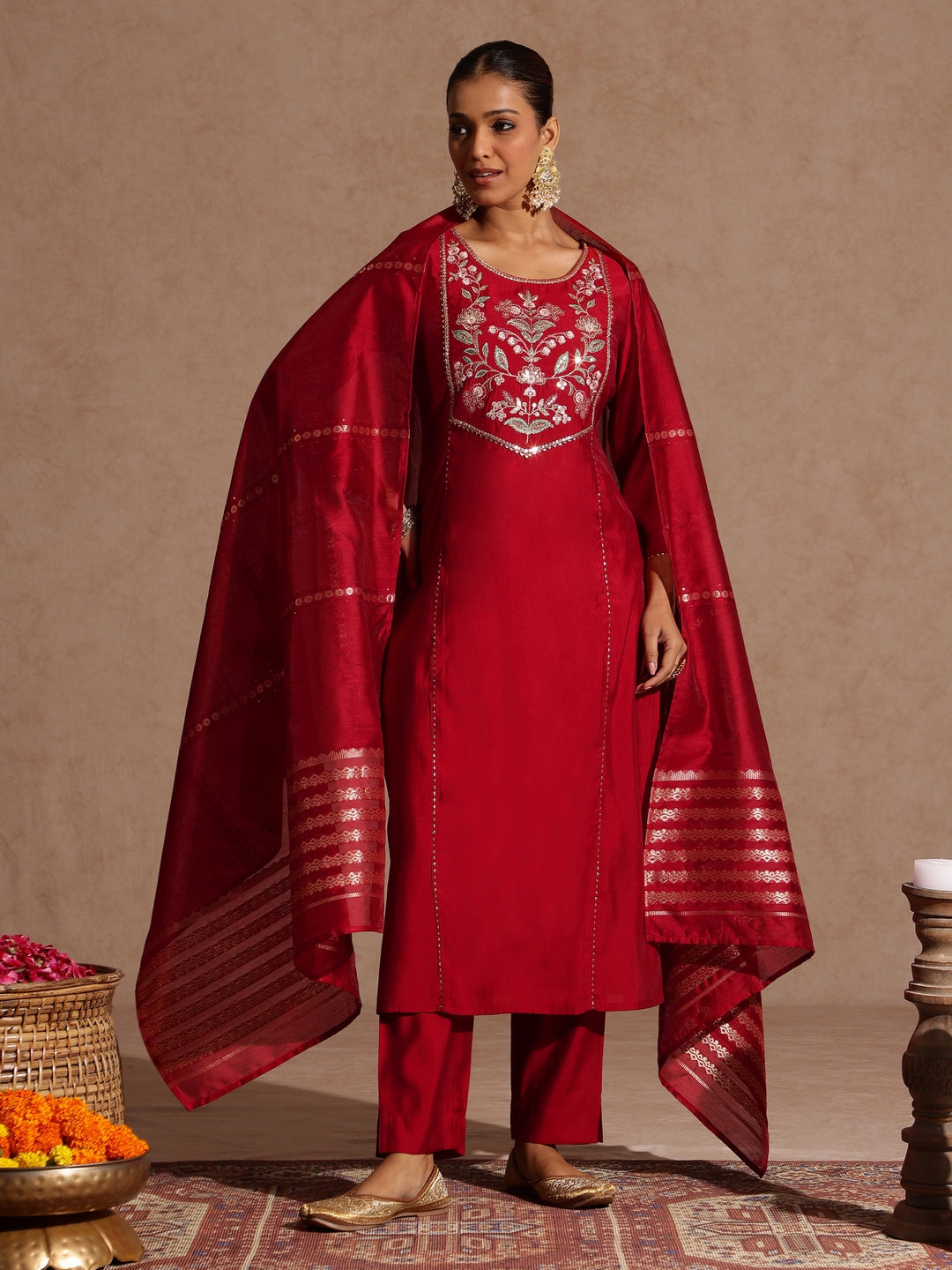 Naari By Shree Women's Maroon Chanderi Silk Zari Yoke Embroidered Straight Kurta Set