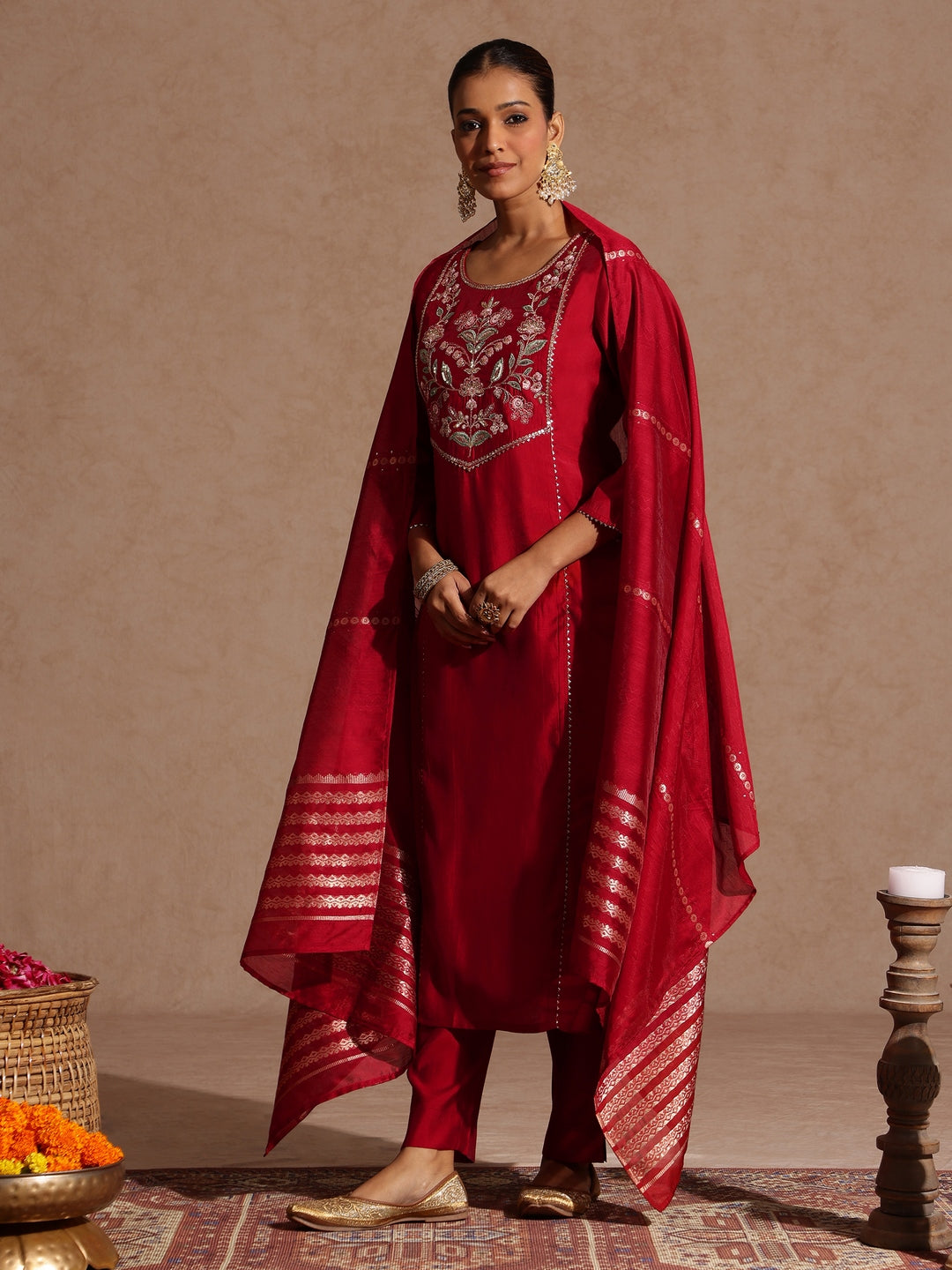 Naari By Shree Women's Maroon Chanderi Silk Zari Yoke Embroidered Straight Kurta Set