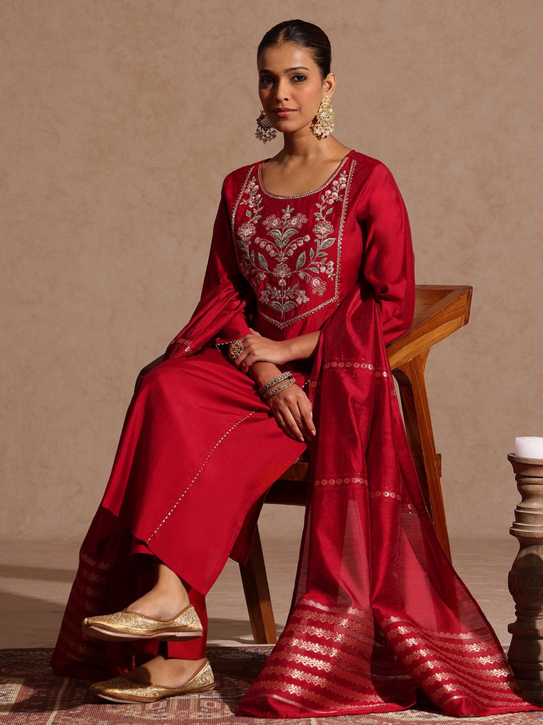 Naari By Shree Women's Maroon Chanderi Silk Zari Yoke Embroidered Straight Kurta Set