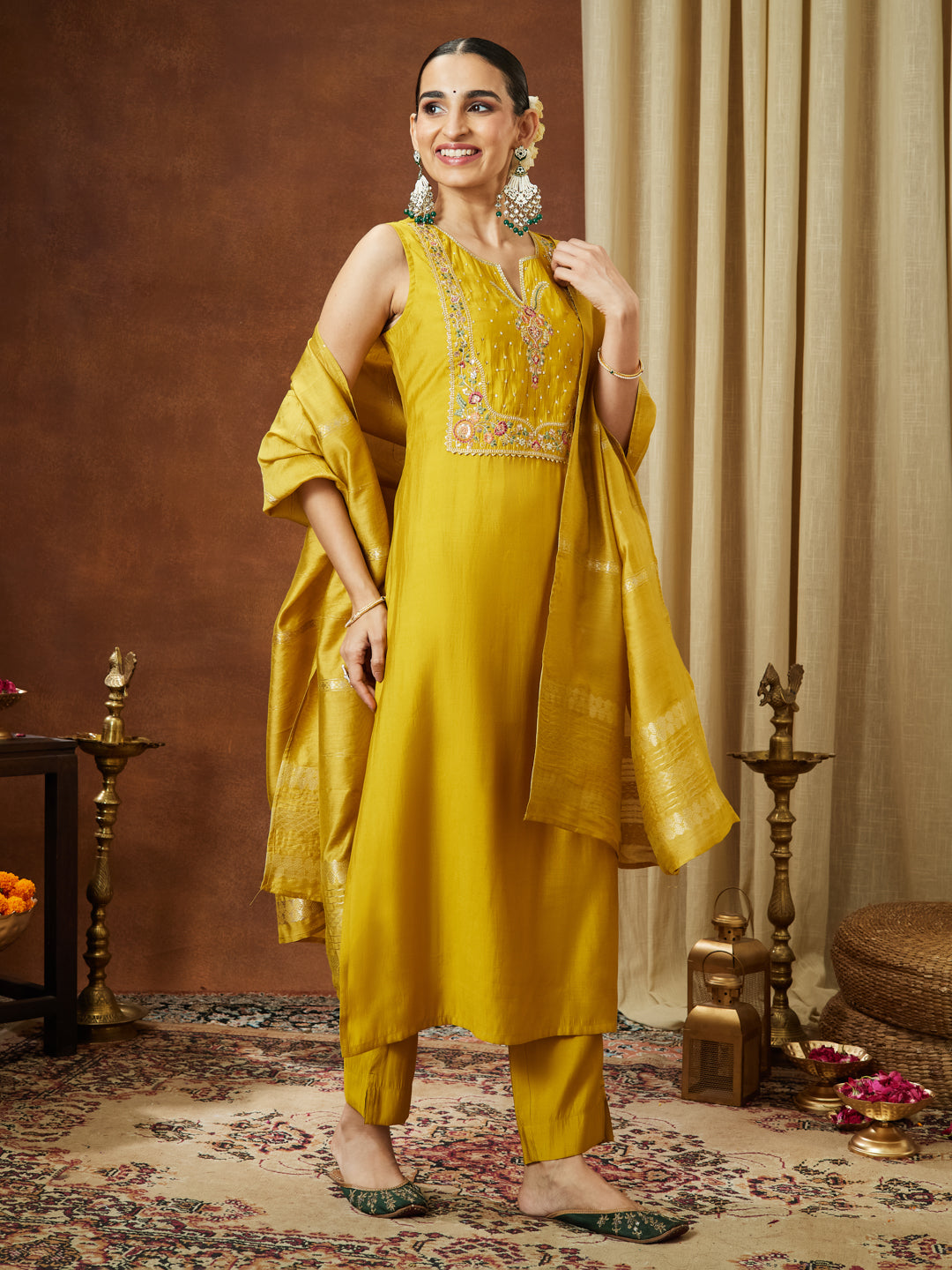 Naari By Shree Women's Mustard Chanderi Silk Yoke Embroidered Straight Kurta Set