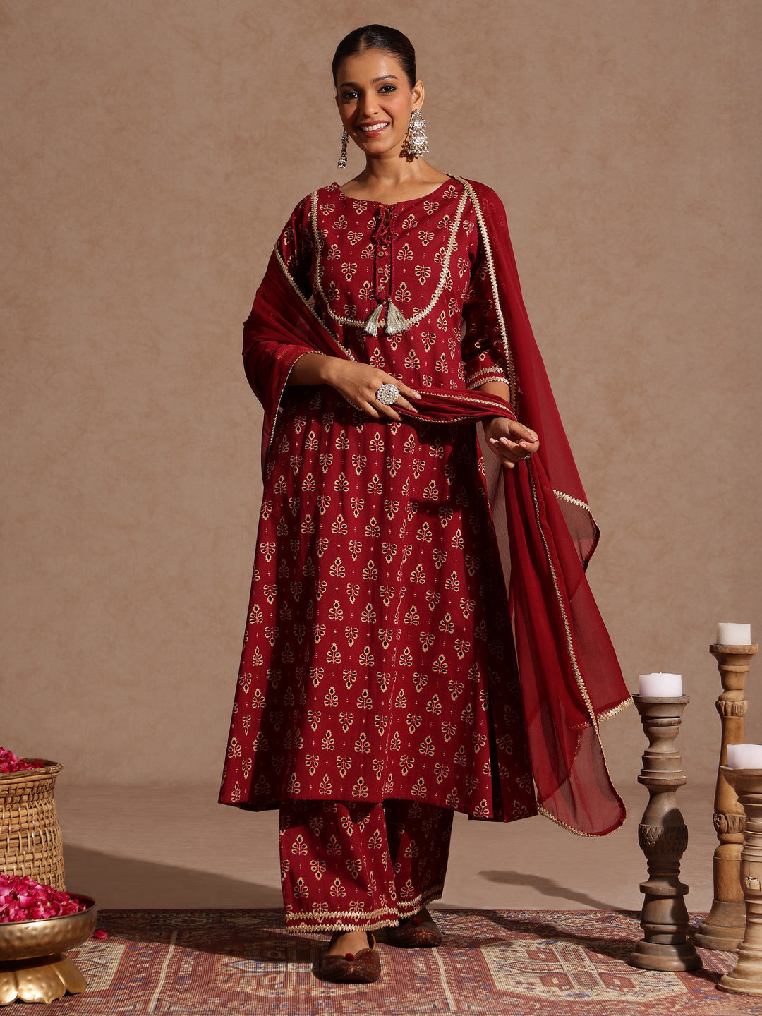 Naari By Shree Women's Maroon Pure Cotton Floral Printed A-line Kurta With Palazzo & Dupatta Set